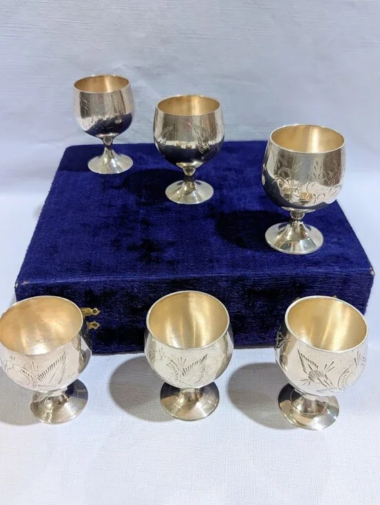 Vintage EPNS Silver Plated Engraved Cordial Goblets -Set of 6- in Original Case