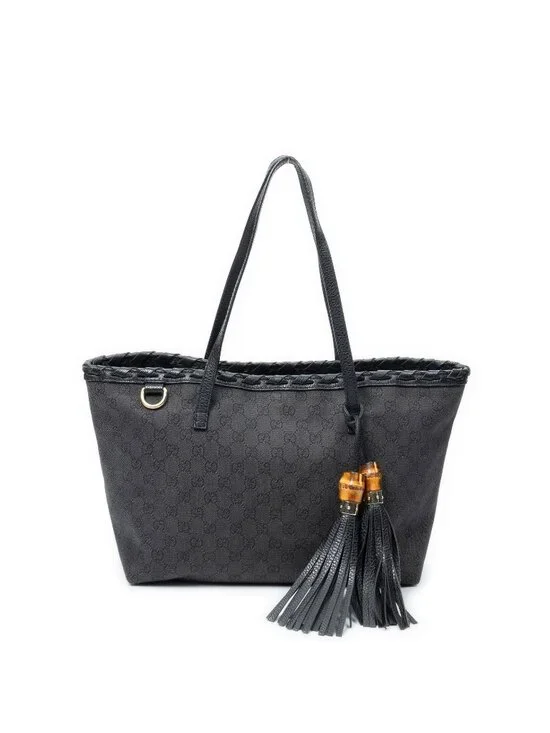 Gucci Bamboo Tassel Shopping Tote Black GG Denim Canvas