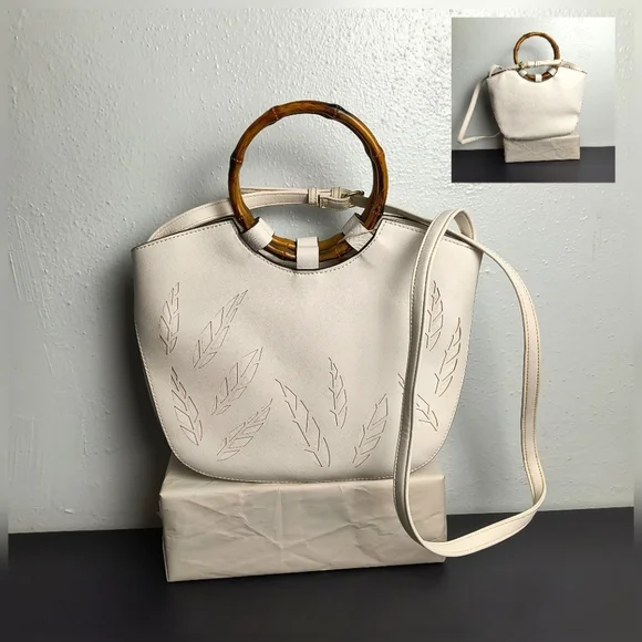 Liz Claiborne Tote Shoulder Strap Leaf Pattern Bamboo Handles Ivory