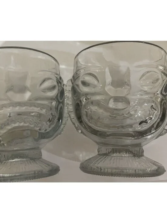 Glass Hawaiian Tiki Mug with Happy Face on 1 Side & Sad/Angry Face on 2nd Side