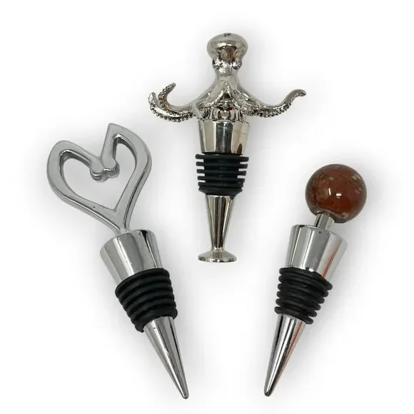 Metal & Stone Wine Bottle Stopper Lot of 3 Metal Octopus & Heart Stone Ball