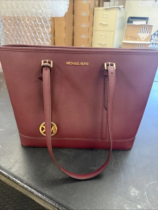 Michael Kors Wine Saffiano Tote with Gold Accents