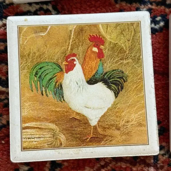 Chicken Coasters Cork-Backed Square Stoneware Set of 4‎ CLEAN CONDITION