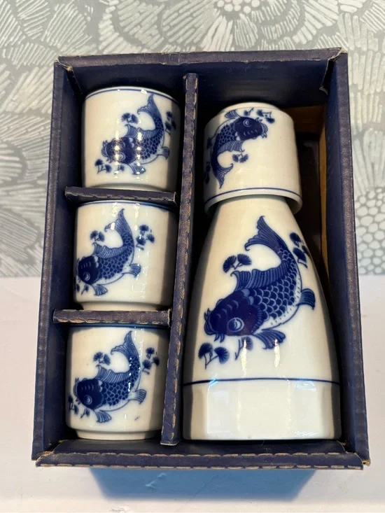 Vintage Blue & White Ceramic Koi Sake Set