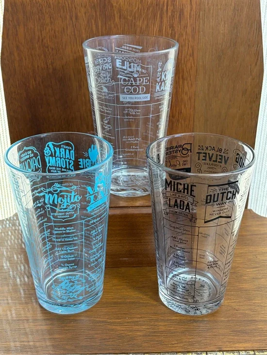 Set Of 3 Bottoms Up Beer Cocktail Mixing Glass Recipe Measure Glass Barware