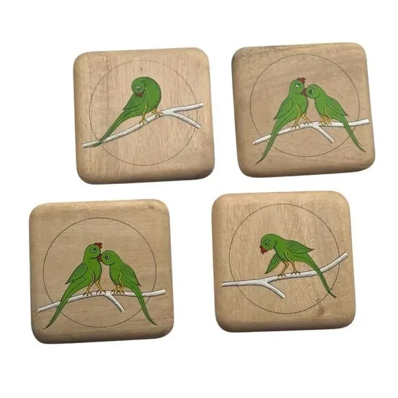 Hand Painted Folk Art Tropical Bird Wooden Coasters