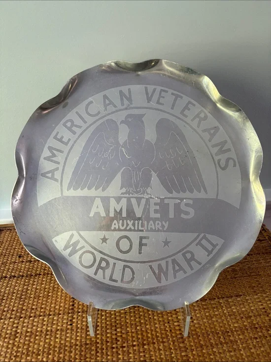 Vintage Rare American Veterans WWII Decorative Aluminum Metal Platter & Bar Tray