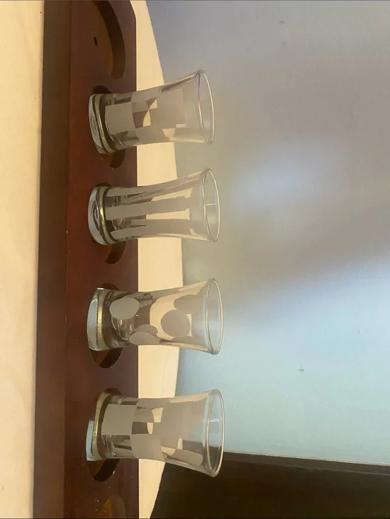 Wooden Shot Glass Rack with four Etched Glasses