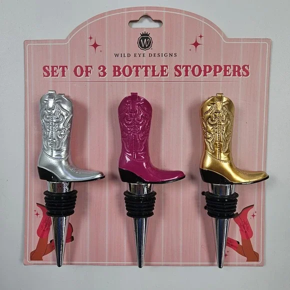 Wine Bottle Stopper Set Of 3 Cowboy Boots Wild Eye Designs NEW Cowgirl Rodeo‎