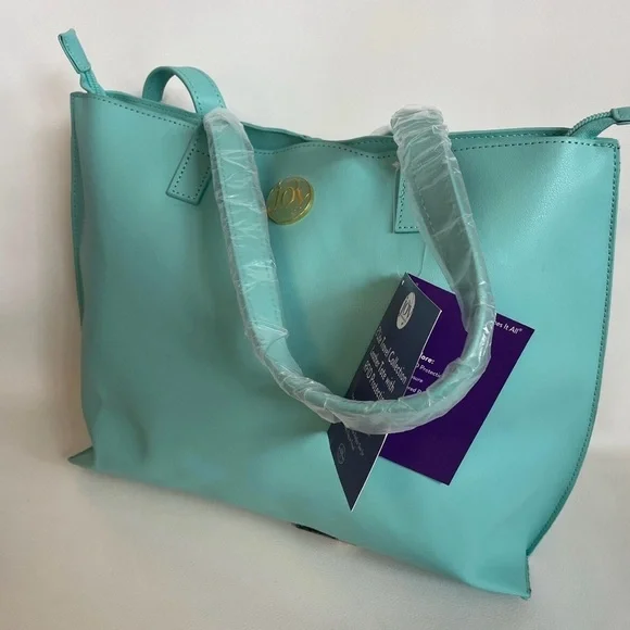 Joy Mangano Blue Tote with Glossy Finish and Spacious Design