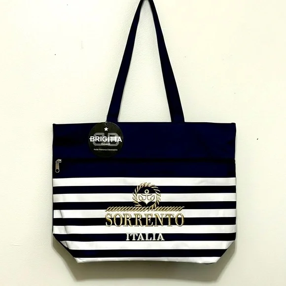 Elegant NWT SORRENTO ITALIA Nautical Blue & white Travel Bag Gold Embroidery