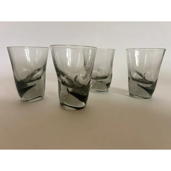 4 Pinched Squeezed Dimpled Smoke Grey Shot Glasses MCM Barware Bar Cart