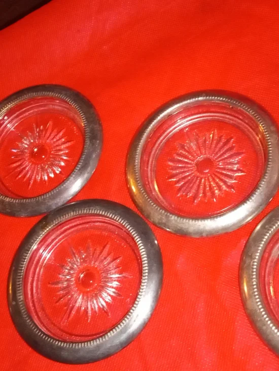 vintage Leonard Crystal and Silver Plate Coasters