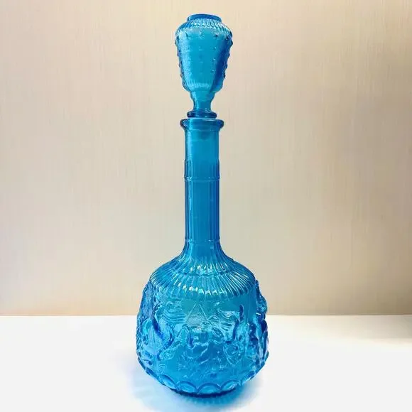 Vintage MCM Empoli Italy Zodiac Decanter Blue Glass Bottle