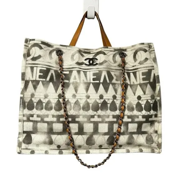 Chanel Cream Gray Canvas Iliad Chain Leather Strap Shopping Tote Bag