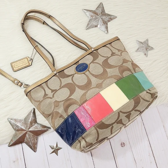 Coach 15588 Signature Legacy Stripe Gold Leather Tote bag Y2K rainbow