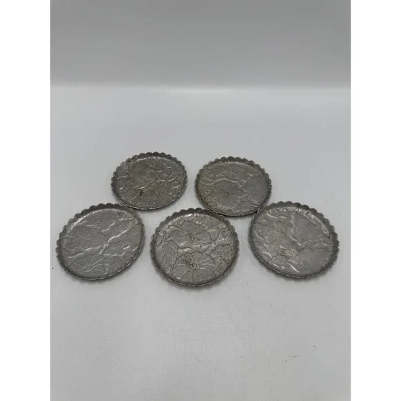 Vintage Embossed Floral Metal Coasters Scalloped Edge Set of 5 Silver Tone 3in