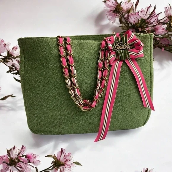 Vintage Limited Edition Green Tweed Goldie Bag Purse Chain Pockets Barbiecore