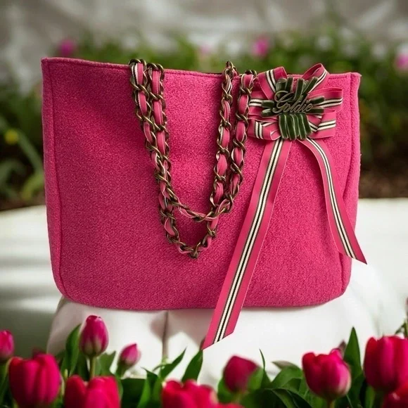 Vintage Limited Edition Pink Tweed Goldie Bag Purse Chain Pockets Barbiecore