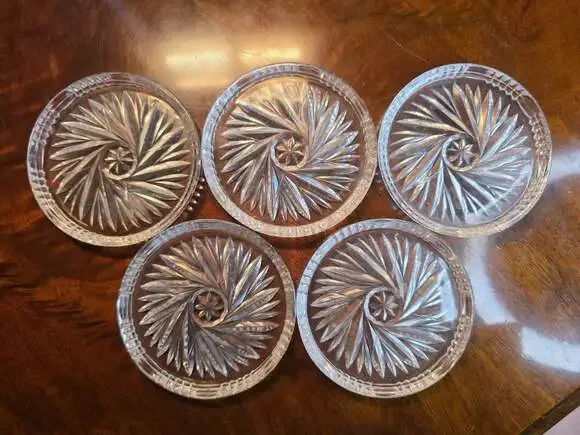 Set of 5 Vintage Annahütte Pinwheel Star Pattern Lead Crystal Coasters