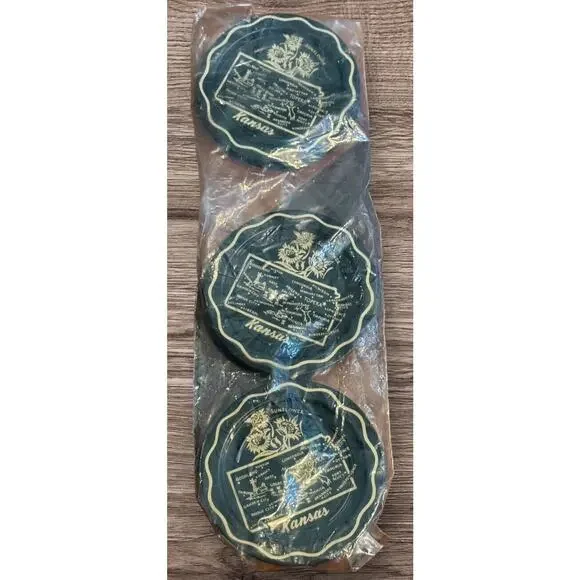Kansas Coasters 6 Black & Gold VTG The Sunflower State 3.5” Cabin Cottage Sealed