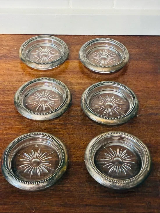 Vintage W&S Blackinton Silver Plate & Crystal Starburst Coasters - Set of 6