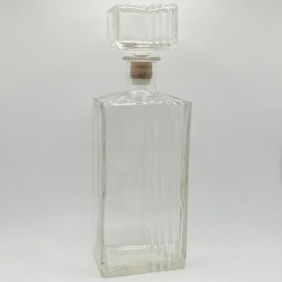 Vintage MCM Thatcher Clear Glass Decanter Rectangular Ribbed W/ Stopper Barware