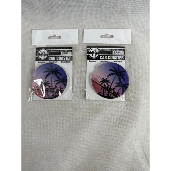 Two Car Coasters Pink and Purple Palm Trees New