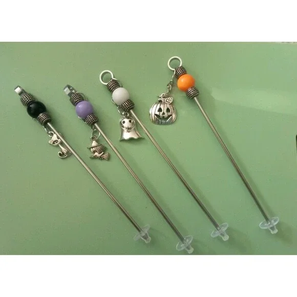 Set Of Halloween Beaded Cocktail  Sticks With Charms Cat Bat Pumpkin Witch