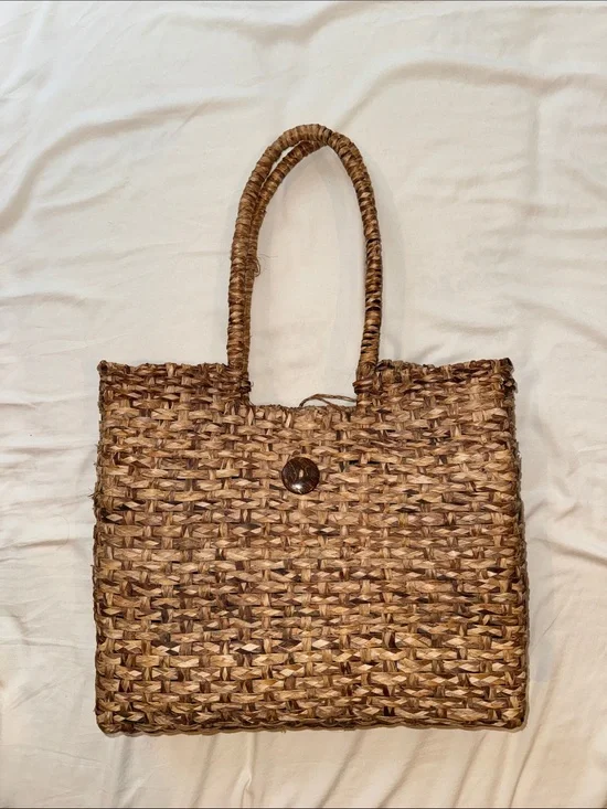 Large Handwoven Brown Straw Tote Bag with Top Handles