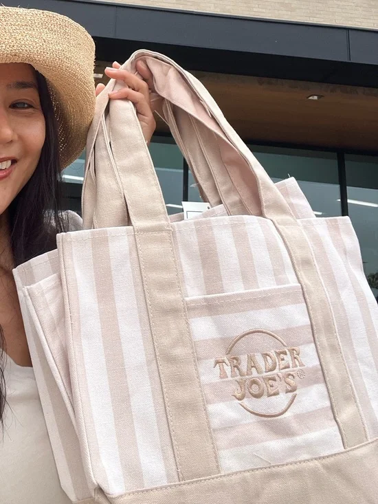 Trader Joe’s Canvas Stripe Tote Bag in Beige & White