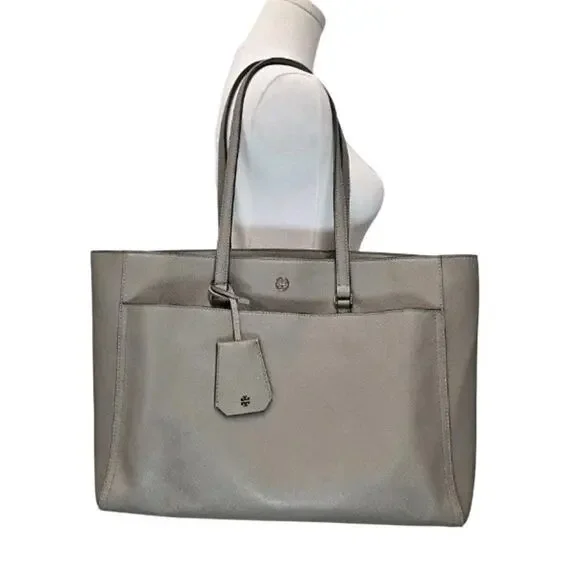 Tory Burch Parker Saffiano Leather Tote Shoulder Bag Greige 10008011 Dust Storm