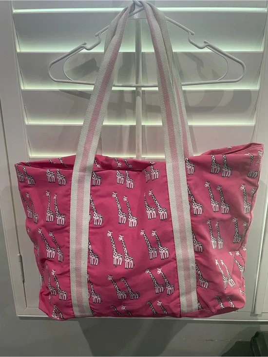Busch Gardens Pink Giraffe-Print Canvas Tote Bag with Striped Handles