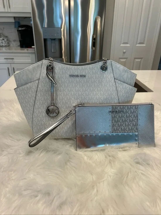 Michael Kors Silver MK Logo Tote with Matching Silver Wristlet