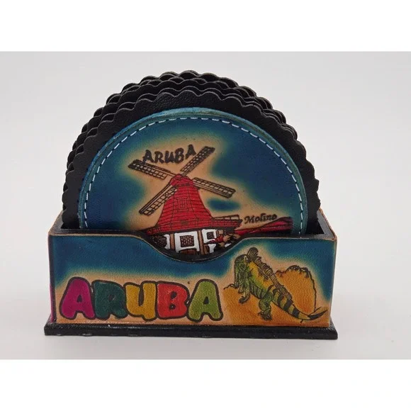 Leather Hand Painted ARUBA Coaster Set 6 Coasters + Holder Souvenir Gift NEW