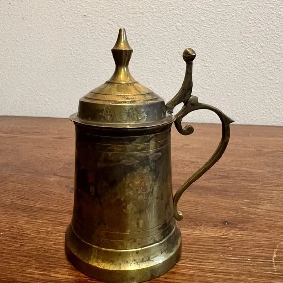 Vintage Brass Lidded Tankard Mug – Made in India – 8” Bar Décor / Collectible