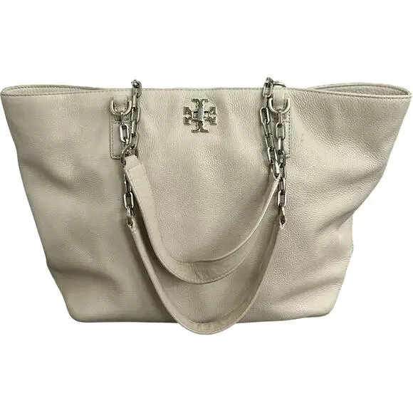 Tory Burch Britten Pebbled Leather Tote Bag Gold Chain Shoulder Bag Petal Pink