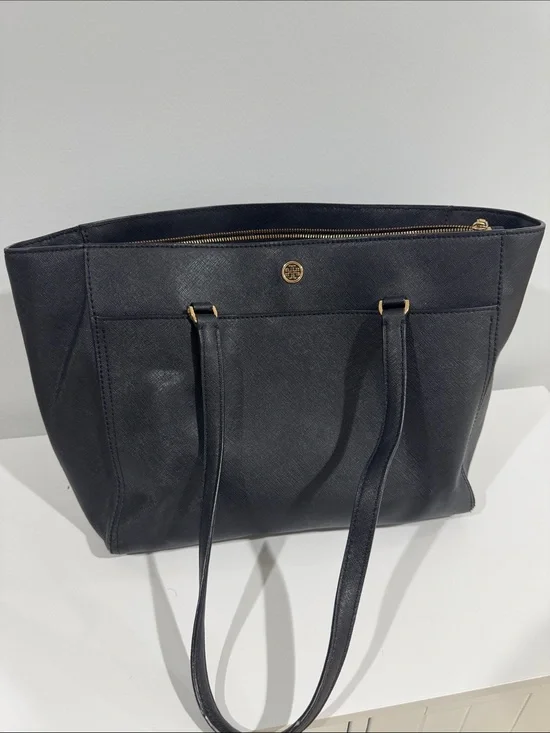 Tory Burch Black Saffiano Tote with Gold Logo