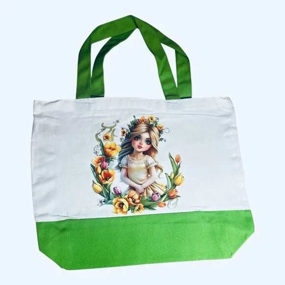 Large Canvas Tote Bag with Floral Girl Art | Hand Pressed | 17”x14” | New