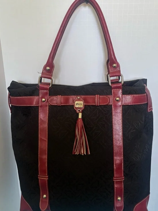 JNY Black Tote with Burgundy Trim and Tassel