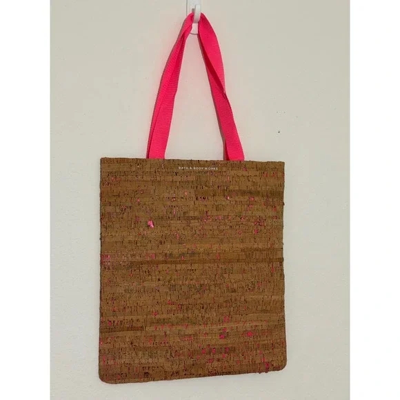 Bath & Body Works Cork Tote Bag Neon Pink Metallic Flecked Reusable Gift Bag NWT