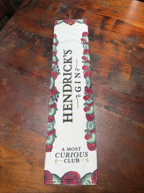 Hendrick's Gin Branded Golf Towel White with Red & Green Floral Trim
