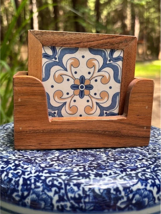 Set of 4 Decorative Wooden Coasters with Blue and Beige Tile Inlay