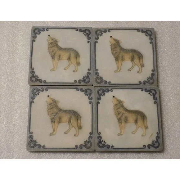Lot Of 4 Wolf Marble Stoneware Coasters Set