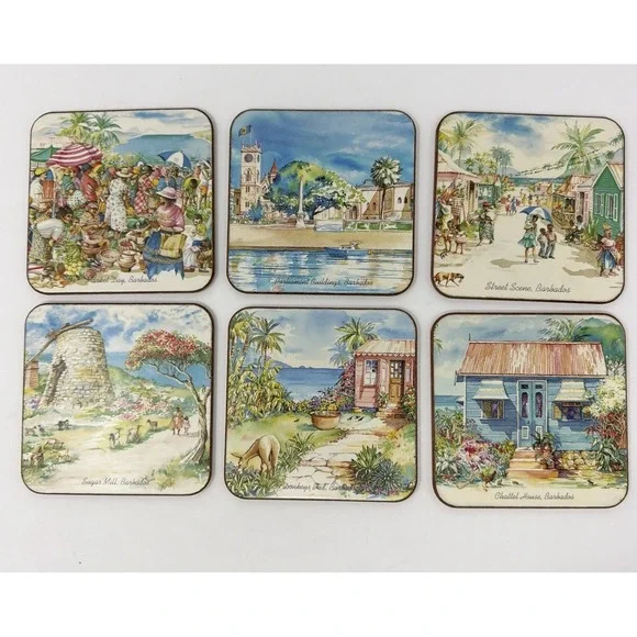 Vintage Pimpernel  Barbados Scenery Drink Coasters Set of 6 Cork Backed England