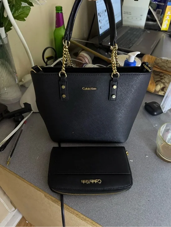 Calvin Klein Black Saffiano Tote with Gold Chain Handles and Matching Wallet