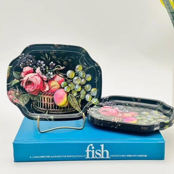 Vintage Elite Trays Set of 6 Floral Fruit Grapes Tin Mini Trays England Black