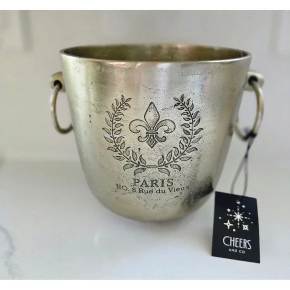 Cheers and Co Paris Fleur de Lis Silver Metal Ice Bucket Wine Chiller New