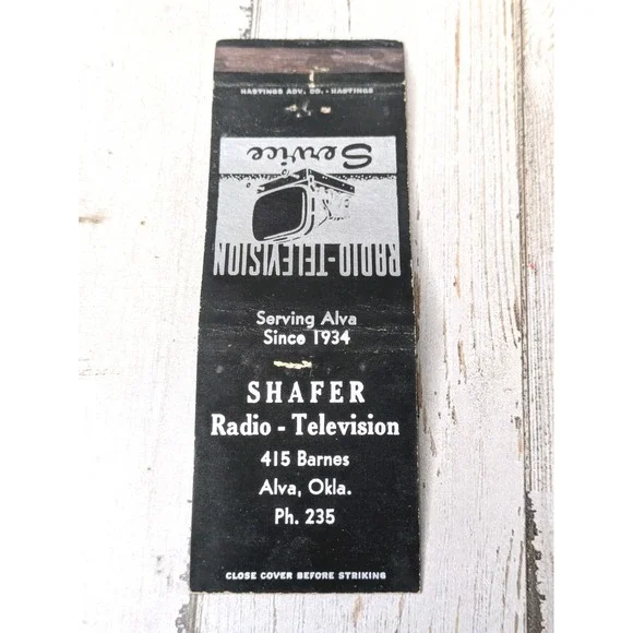 Vintage Matchbook Cover Shafer‎ Radio Television Service Alva, Oklahoma