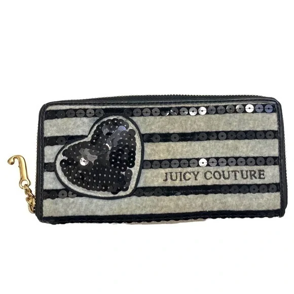 Juicy couture vintage velour y2k striped heart gray black zipper clutch wallet